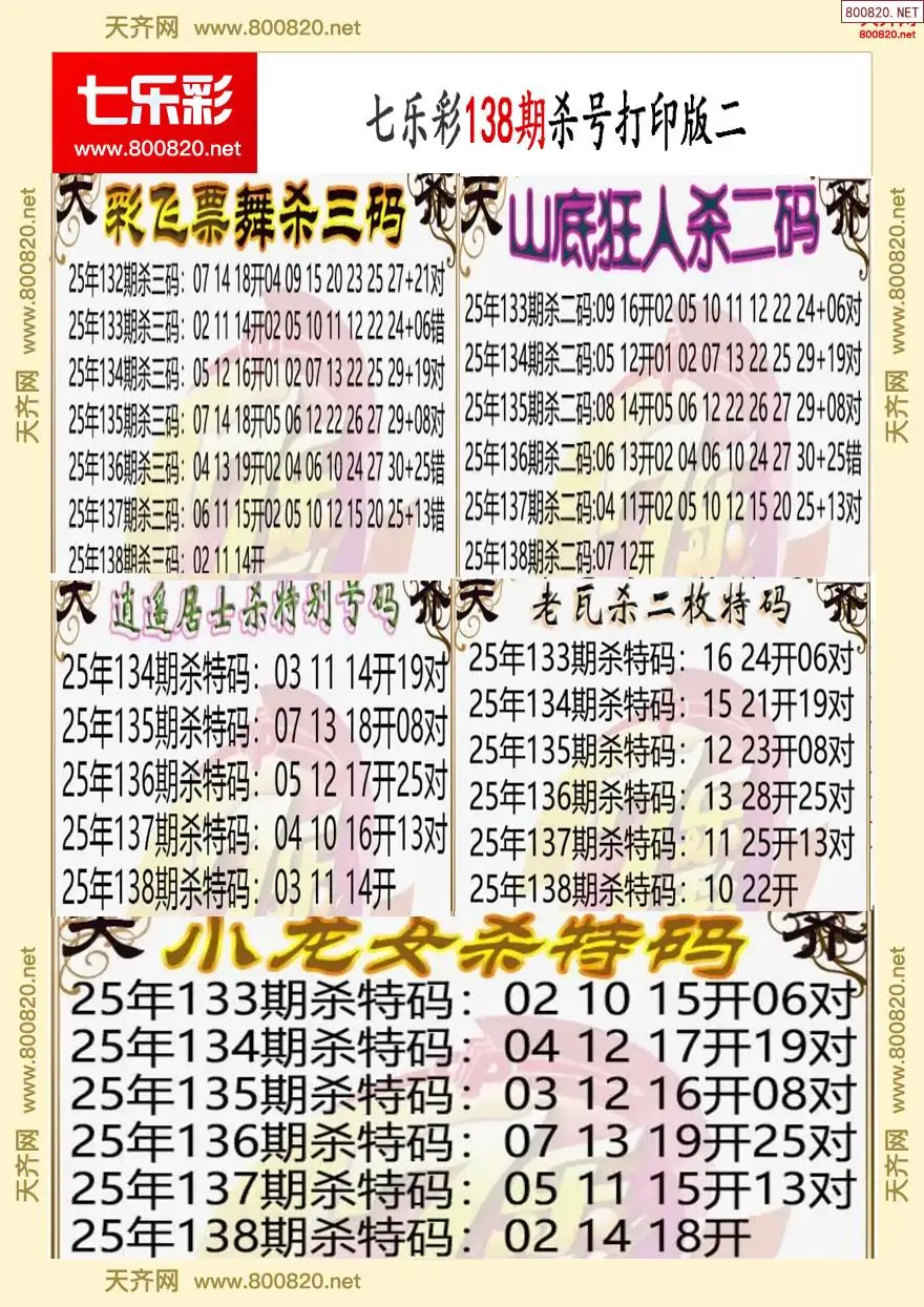 七乐彩杀号打印版二