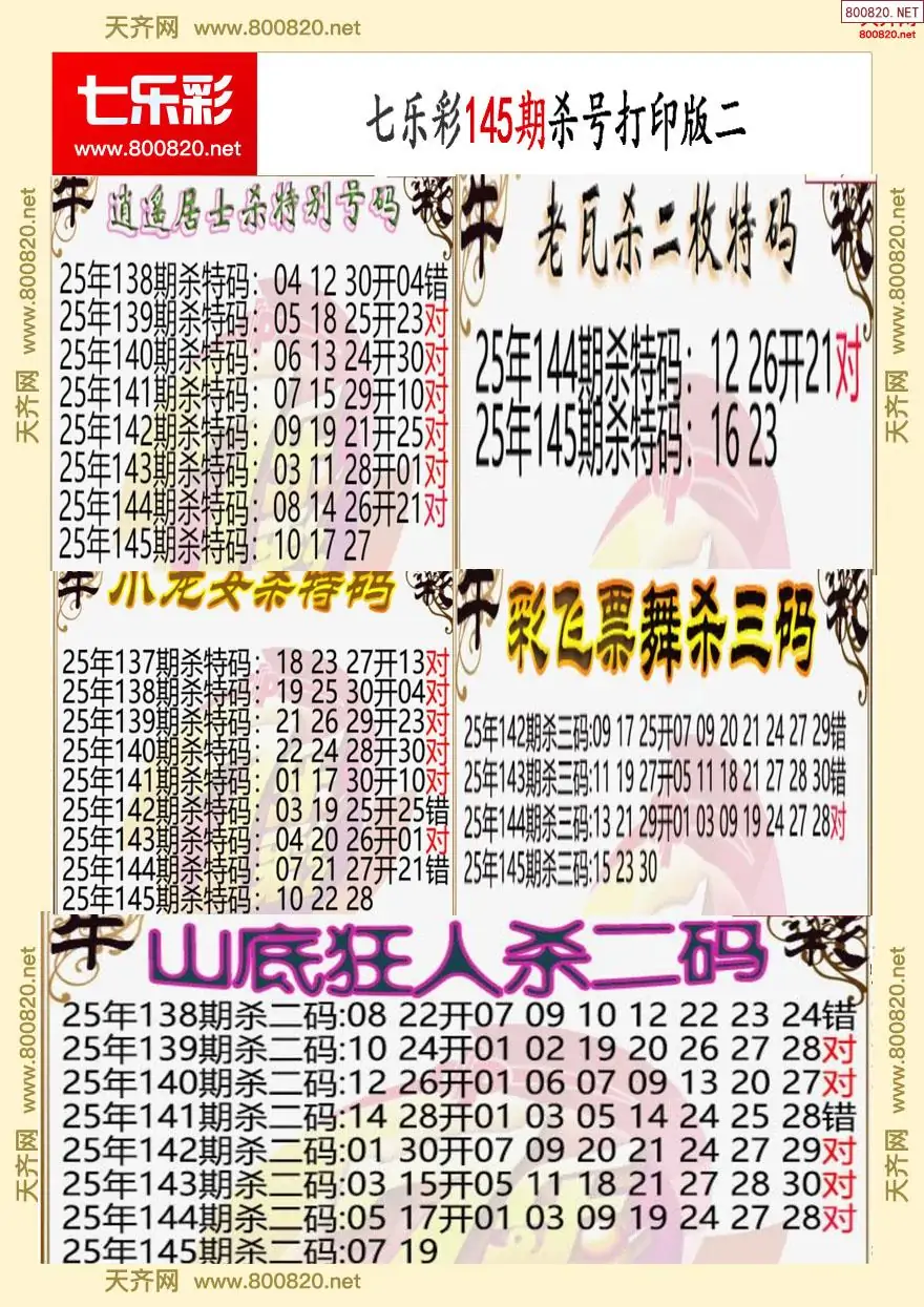 七乐彩杀号打印版二