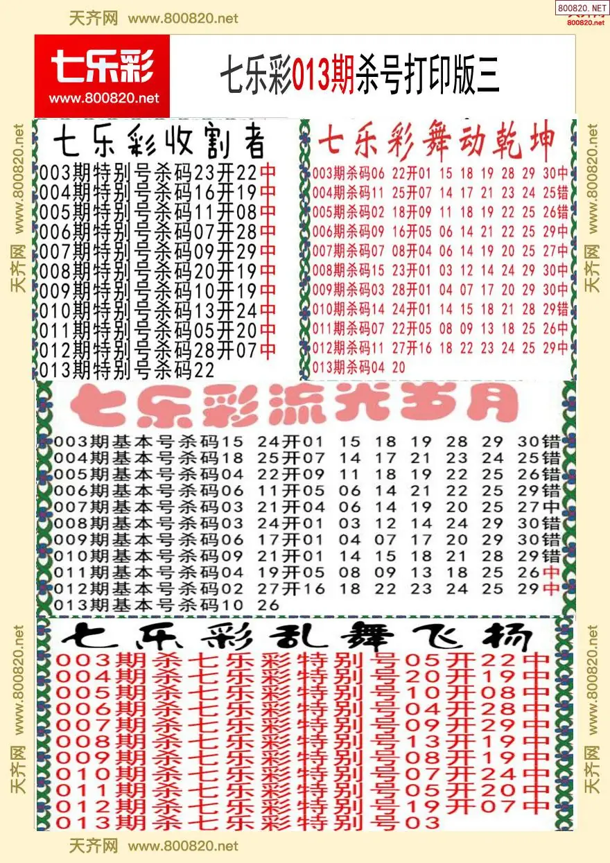 七乐彩杀号打印版三