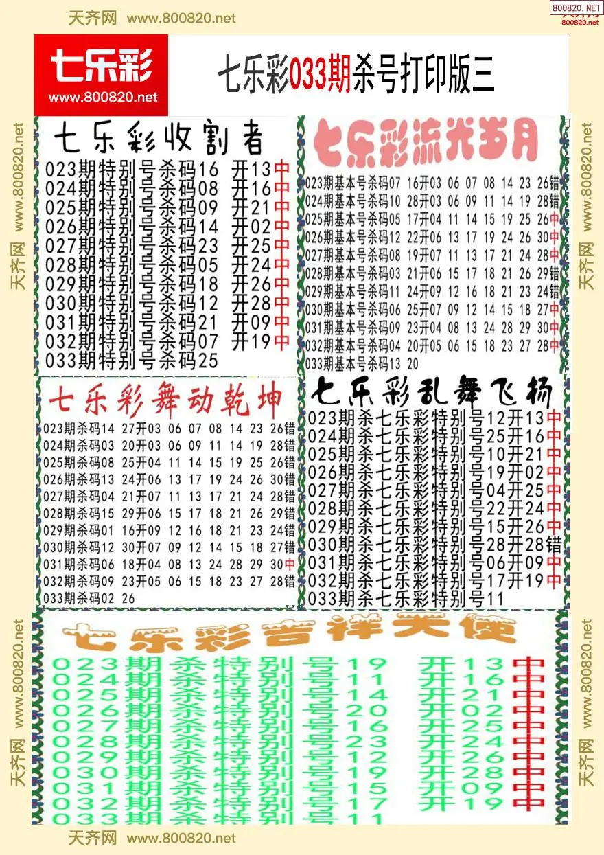 七乐彩杀号打印版三