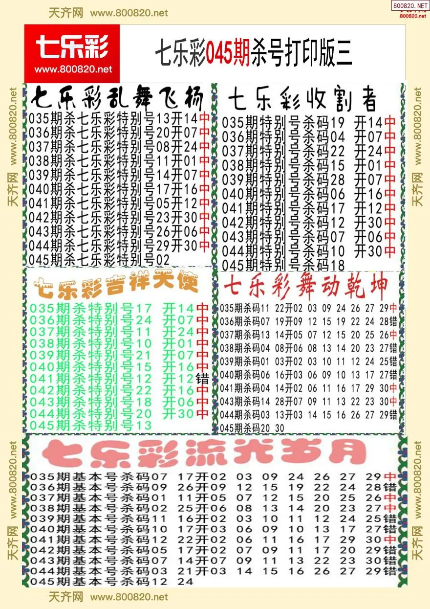 七乐彩杀号打印版三