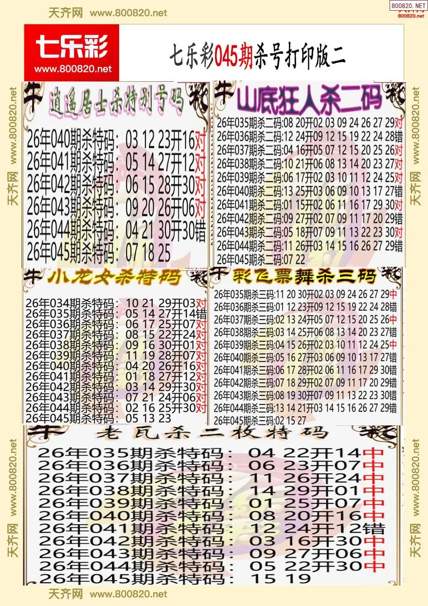 七乐彩杀号打印版二