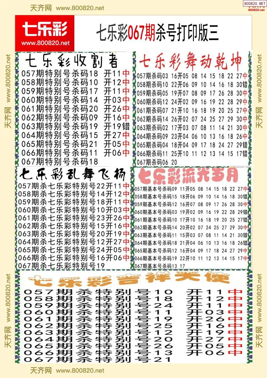 七乐彩杀号打印版三