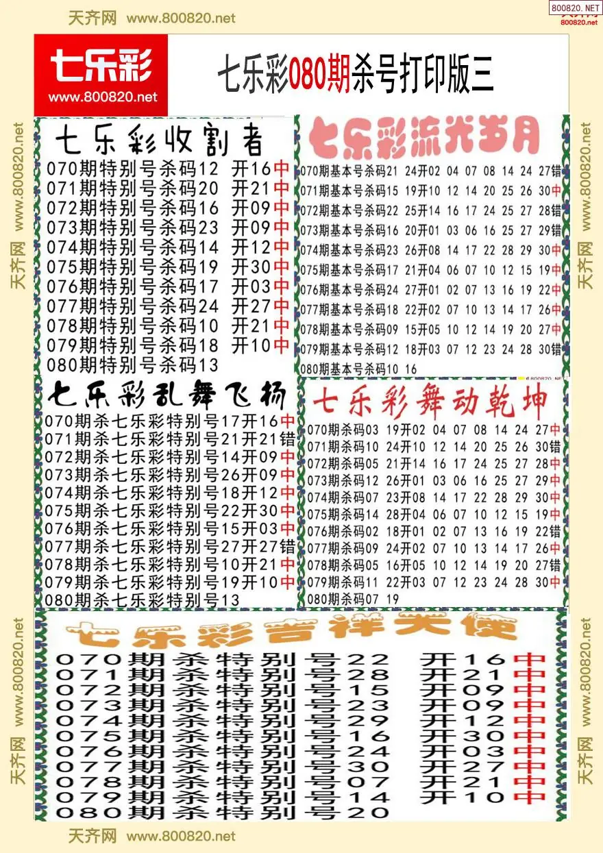 七乐彩杀号打印版三