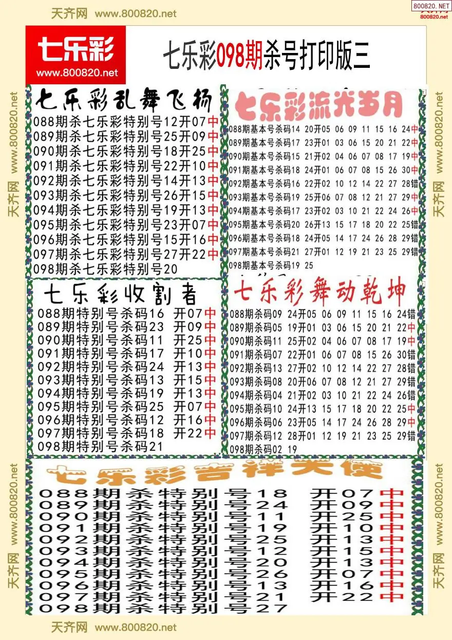 七乐彩杀号打印版三