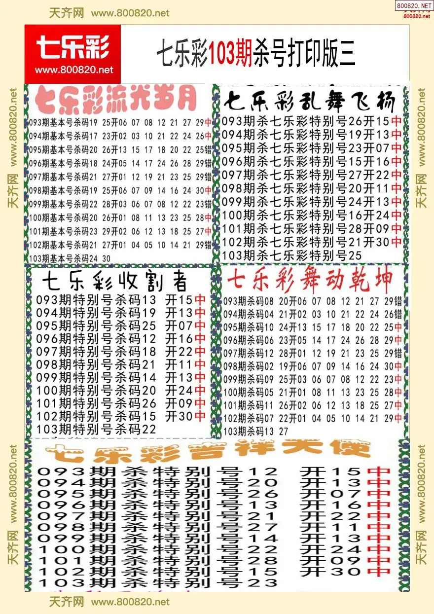 七乐彩杀号打印版三