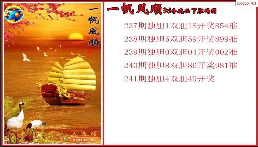 一帆风顺2026241期3d今晚必下胆码图（原创）