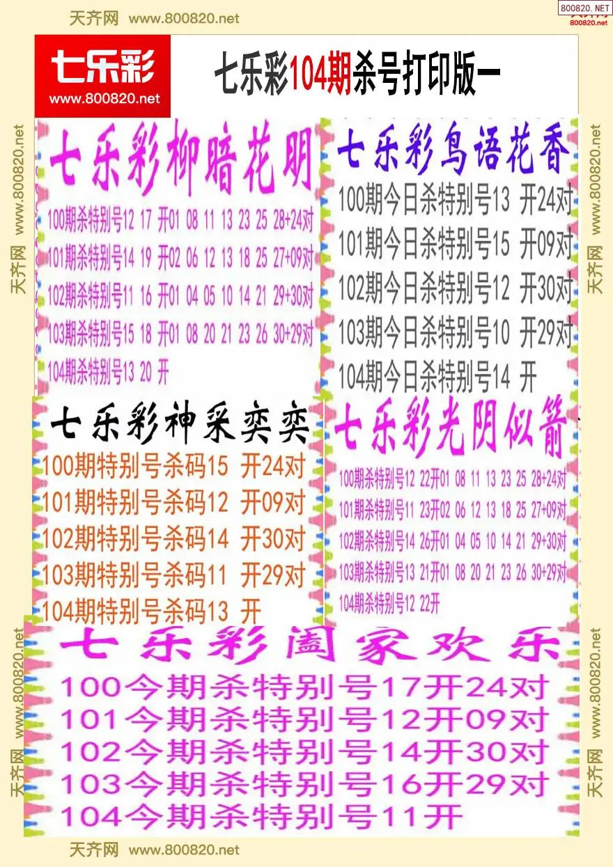 七乐彩杀号打印版一
