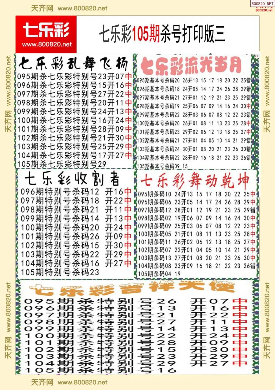七乐彩杀号打印版三